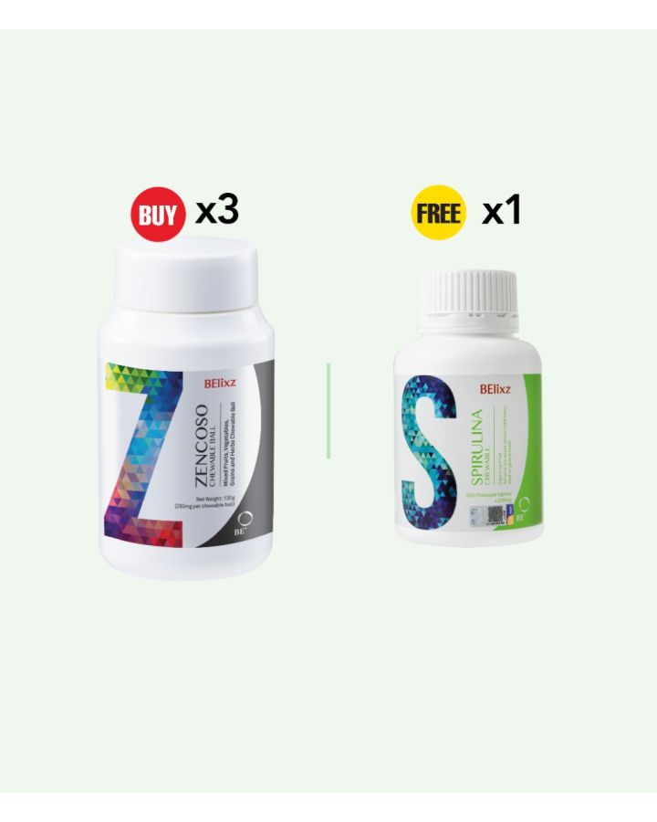 Buy 3x BElixz ZENCOSO CHEWABLE BALL (520 balls) Free 1x BElixz SPIRULINA CHEWABLE (500T)
