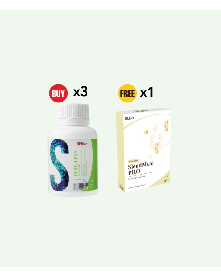 Buy 3x BElixz SPIRULINA CHEWABLE (500T) Free 1x BElixz SlendMeal PRO (4s)