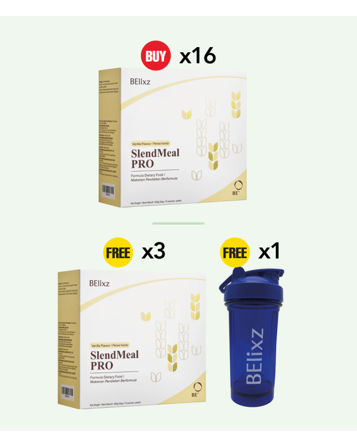 Buy 16x BElixz SlendMeal PRO (15s) Free 3x BElixz SlendMeal PRO (15s) + 1x BElixz SHAKER (Blue) (500ml)