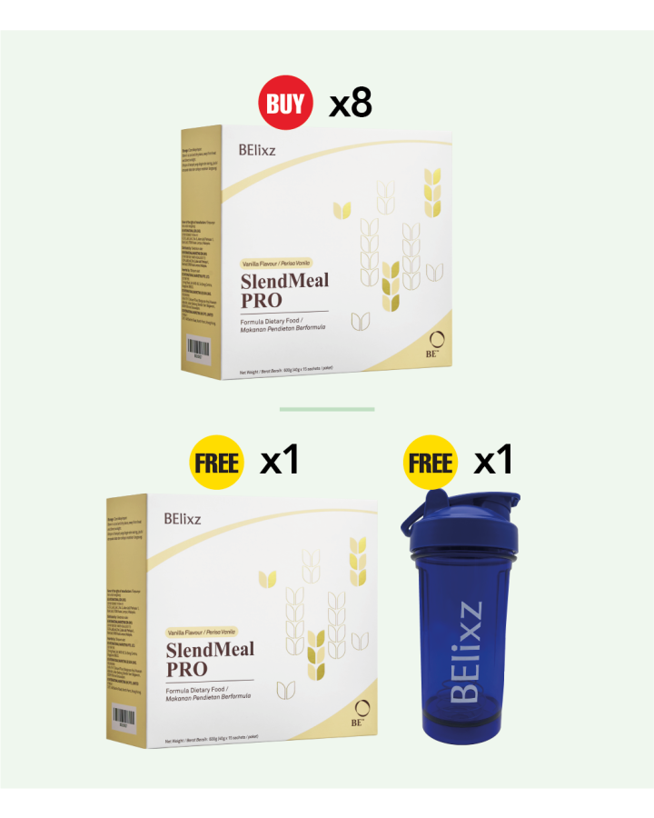 Buy 8x BElixz SlendMeal PRO (15s) Free 1x BElixz SlendMeal PRO (15s) + 1x BElixz SHAKER (BLUE)(500ML)