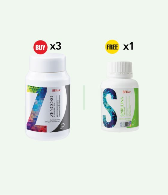 Buy 3x BElixz ZENCOSO CHEWABLE BALL (520 balls) Free 1x BElixz SPIRULINA CHEWABLE (500T)
